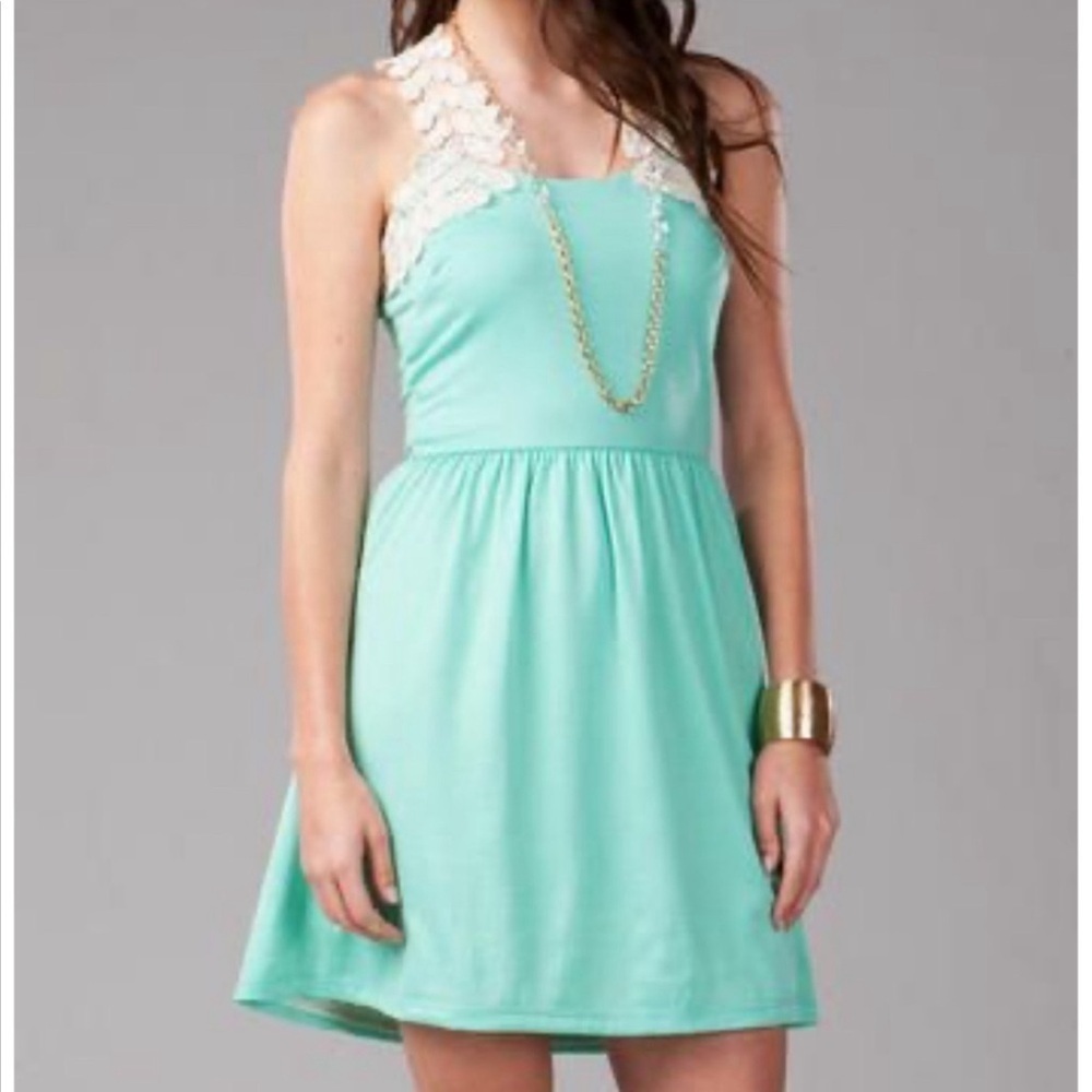 Francesca's Collections Loxley Crochet Trim Dress "Dina Be" in Mint Green size M - Picture 2 of 11